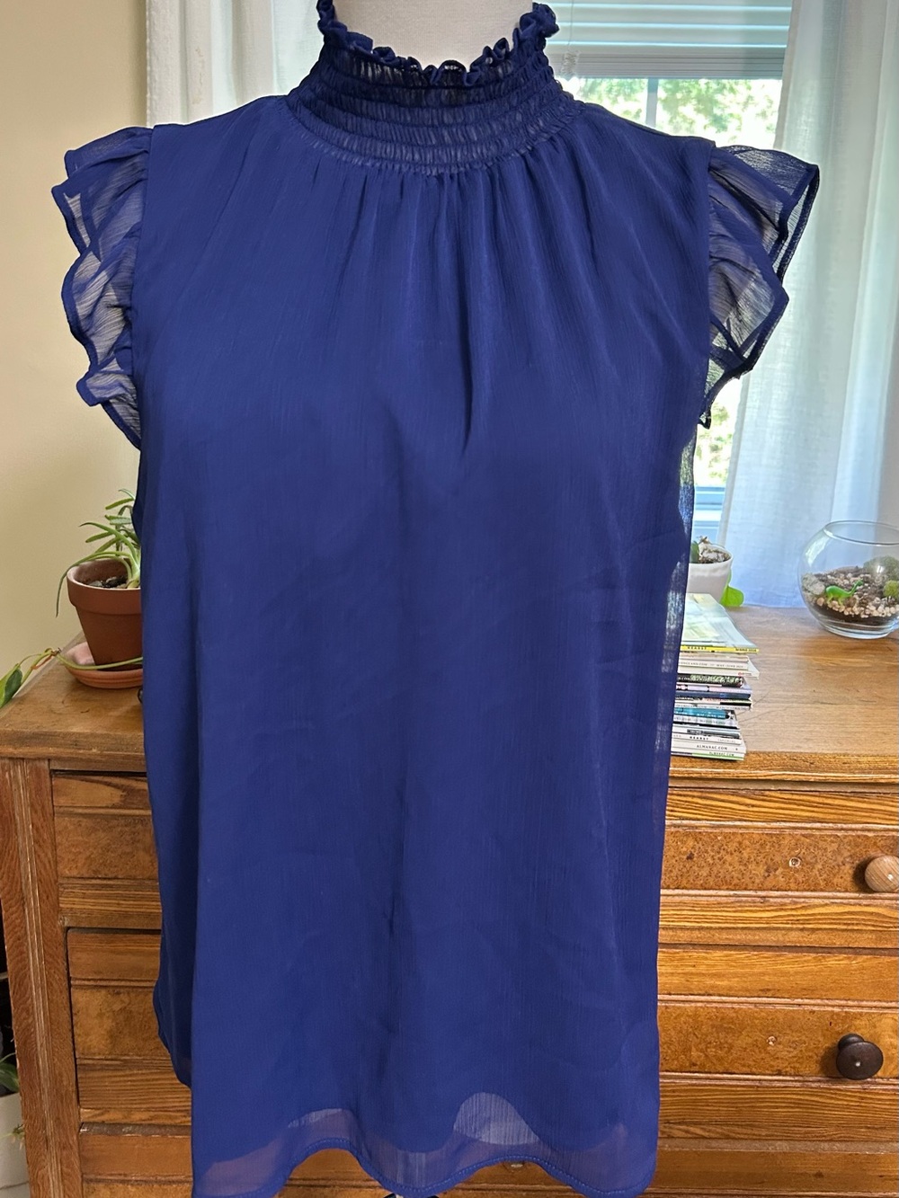 Banana Republic Navy Smocked Neck Ruffle Sleeve Top - Women